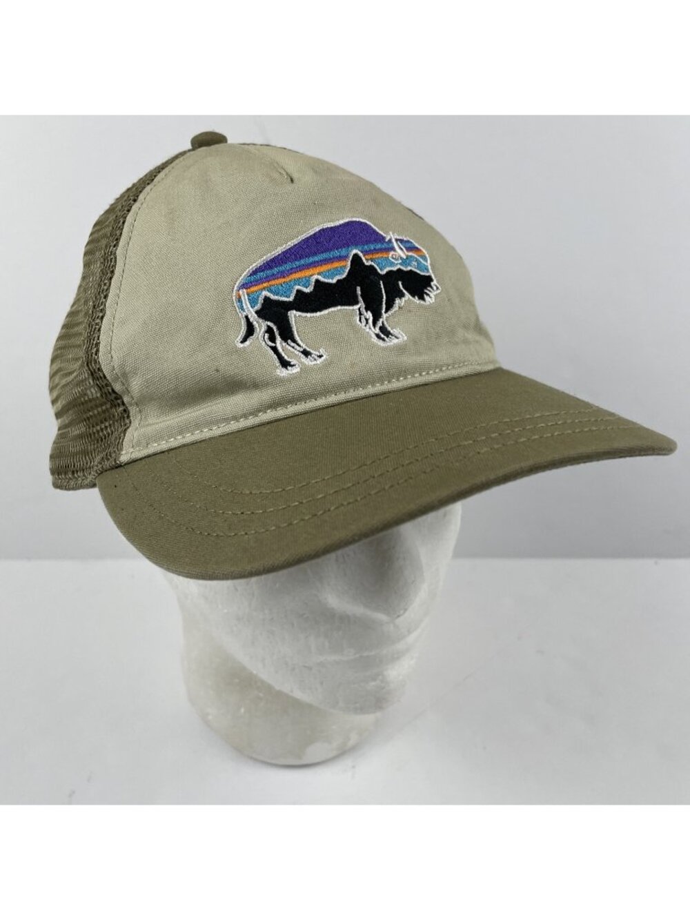 Patagonia Fitz Roy Bison Trucker  Hat Mesh Snapback Organic Cotton Canvas Beige